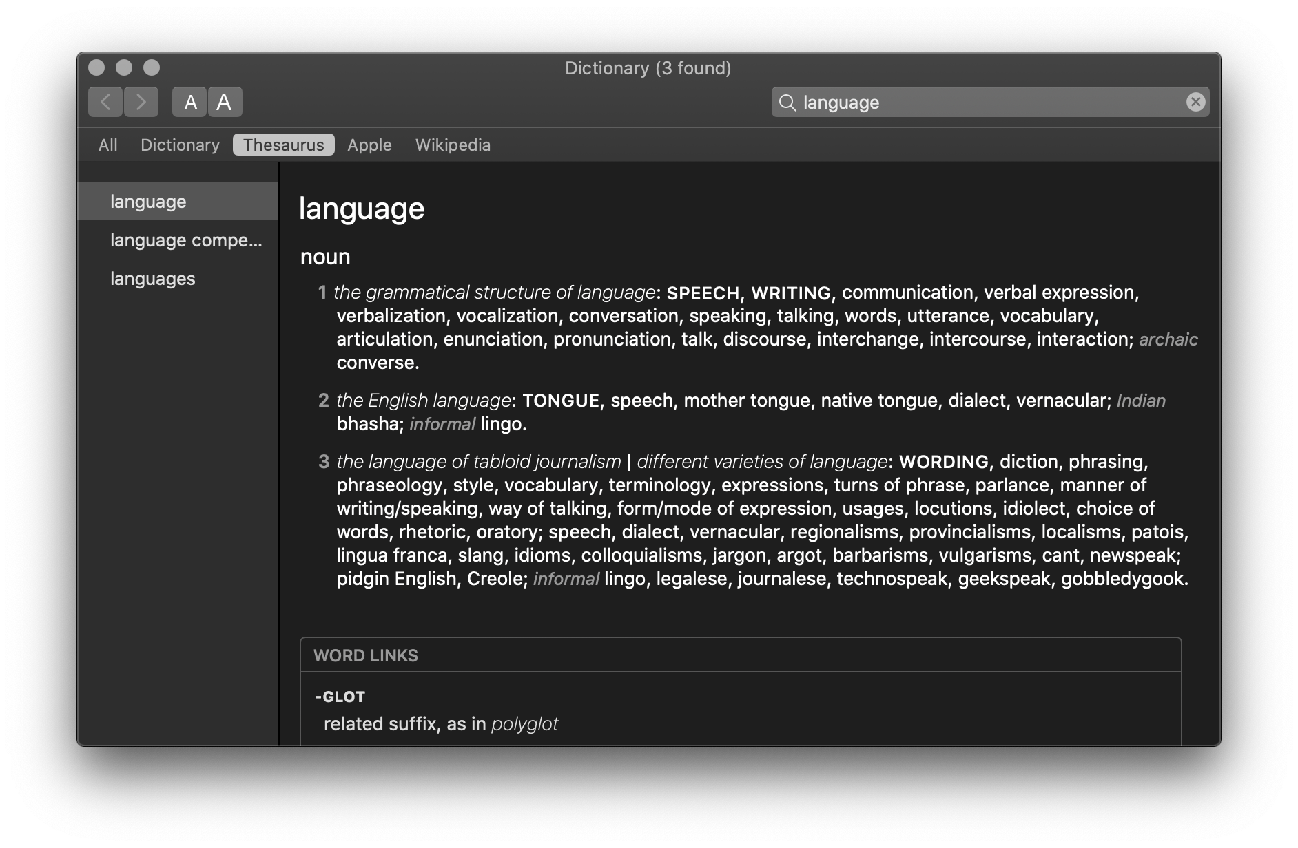 Dictionary.app displaying synonyms for the word ‘language’