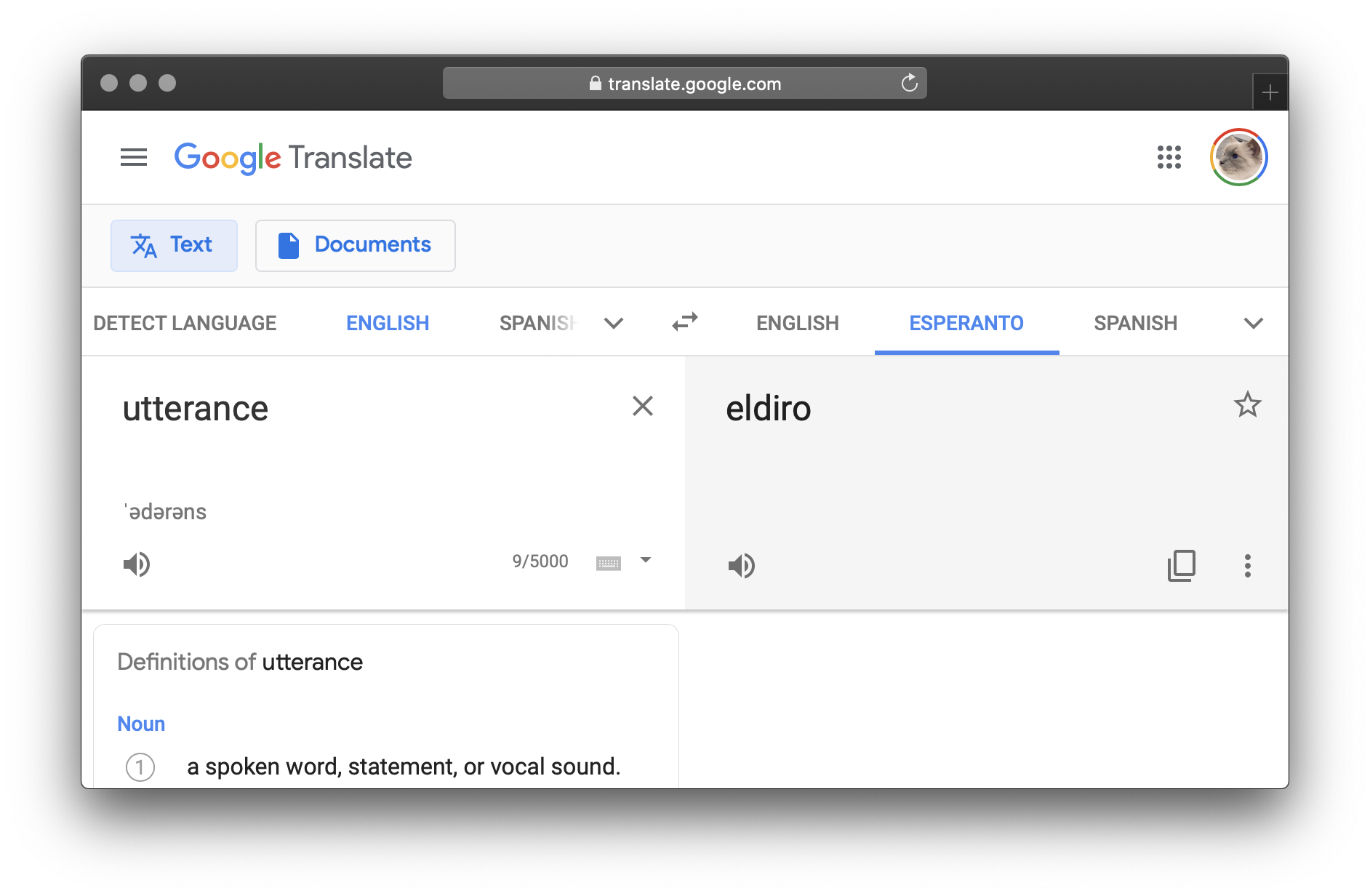 Google Translate showing that the Esperanto word for ‘utterance’ is ‘eldiro’