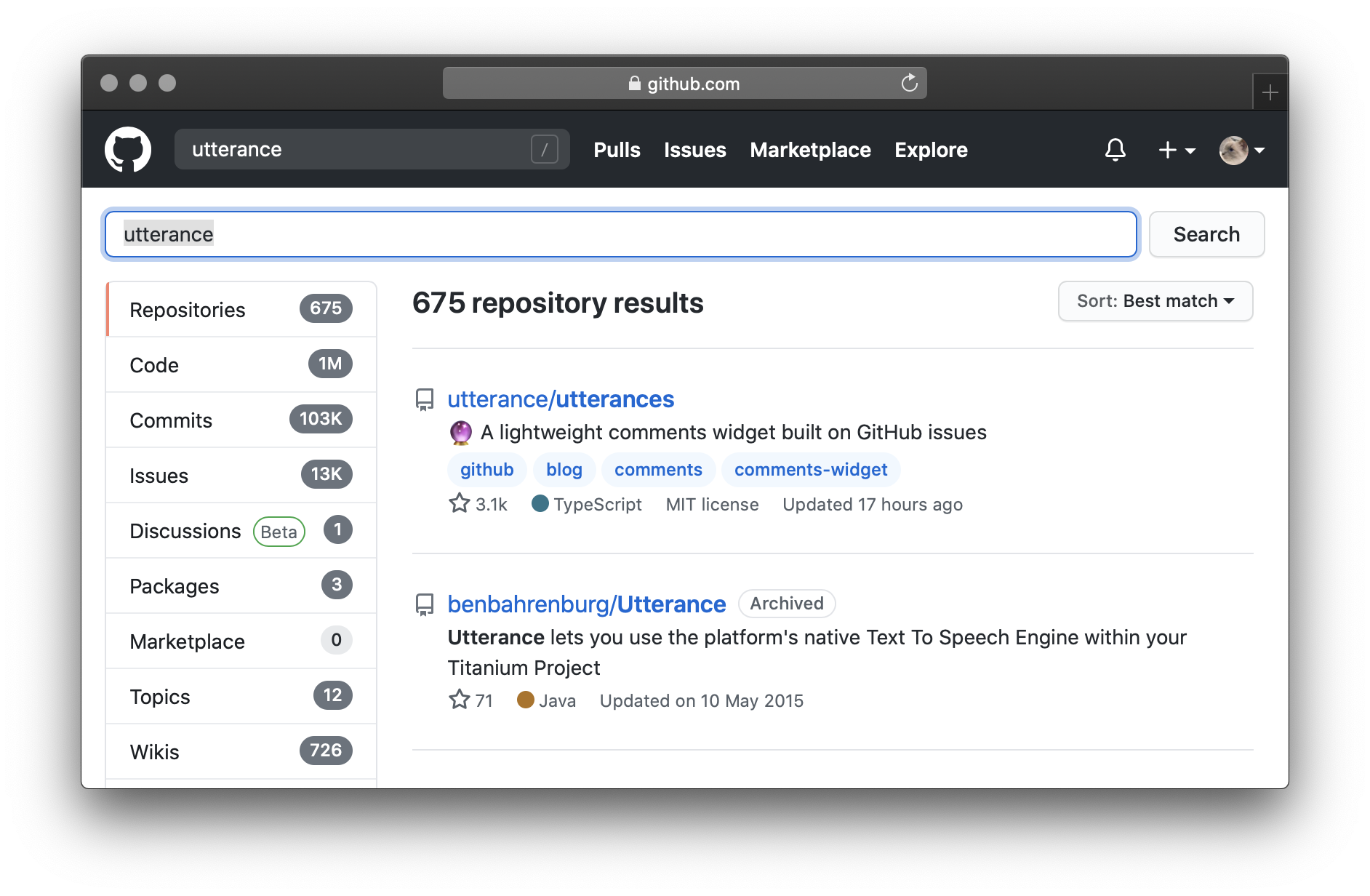 A search for ‘utterance’ on GitHub, showing that multiple projects have already taken the name